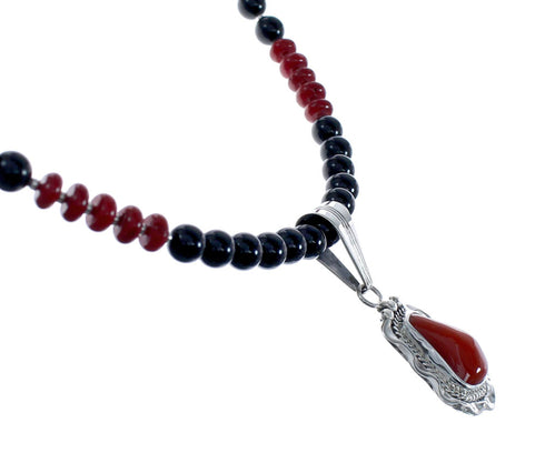 Native American Navajo Coral Onyx Bead Pendant Sterling Silver Necklace JX126578